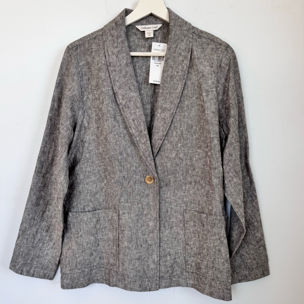 NWT Coldwater Creek Charcoal Gray Linen Blazer Jacket Size Medium Petite